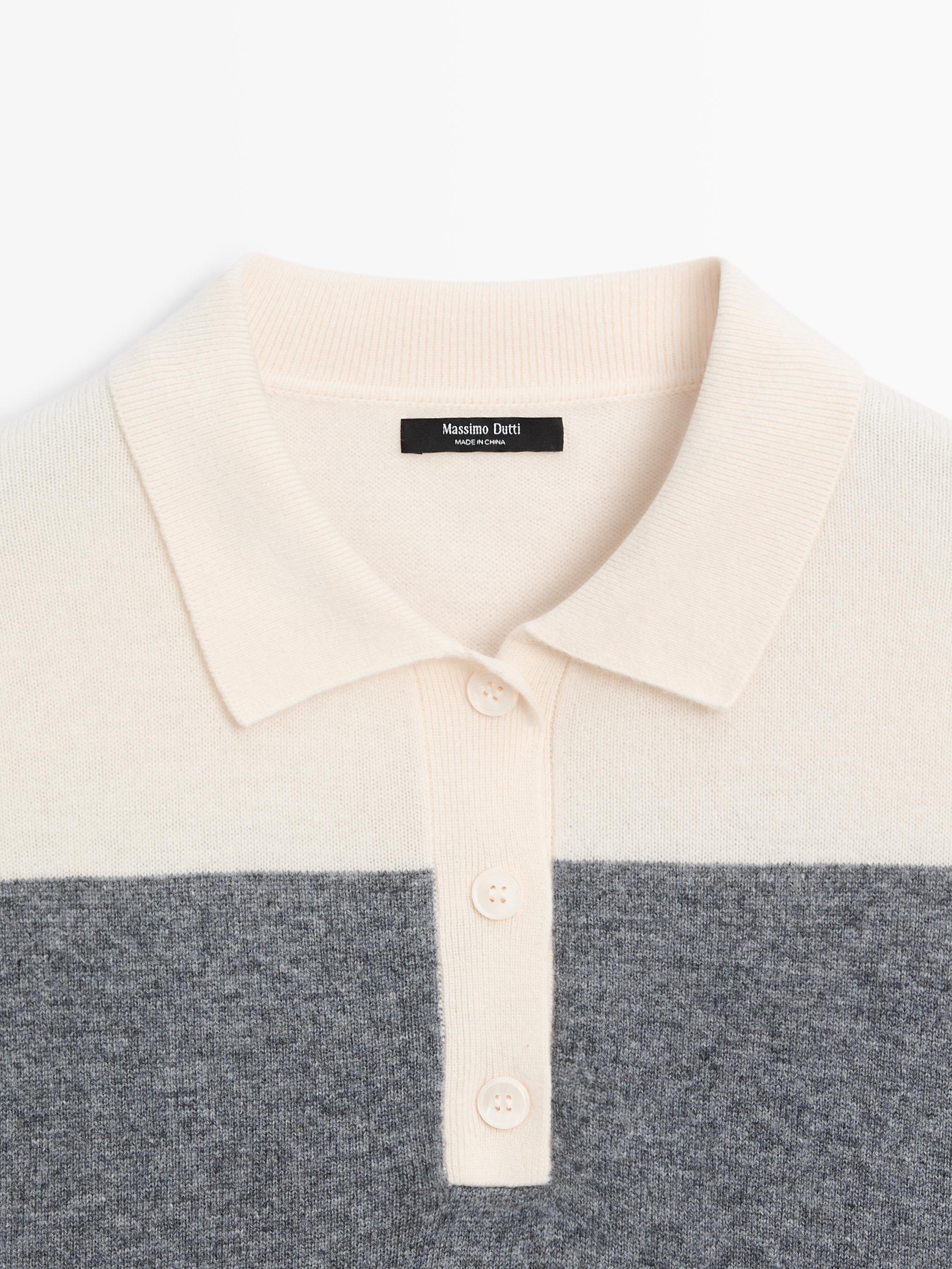 Striped knit sweater with polo collar